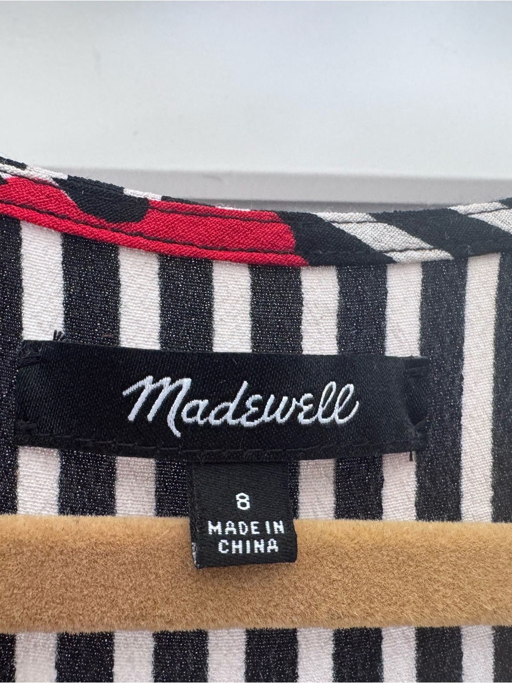 Madewell Black and White Vertical Stripe Dress with Red Trim
